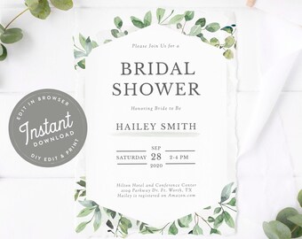 May include: A white bridal shower invitation with green watercolour leaves and the text "Please Join Us for a Bridal Shower Honoring Bride to Be Hailey Smith Saturday September 28 2-4 PM 2020 Hilton Hotel and Conference Centre 2109 Parkway Dr. Ft. Worth, TX Hailey is registered on Amazon.com"