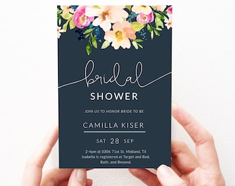 Navy Bridal Shower Invitation, Bridal Shower Invites, Printable, Editable Invitaiton, Template, Instant Download, Navily