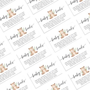 May include: A set of 12 baby shower favor cards with a cute cartoon bear illustration. The cards are white with brown text and green leaves. The text on the cards reads "One small request that isn't too hard. Please bring a book instead of a card. By signing your book we'll remember and share your special gift. Even when you're not there."