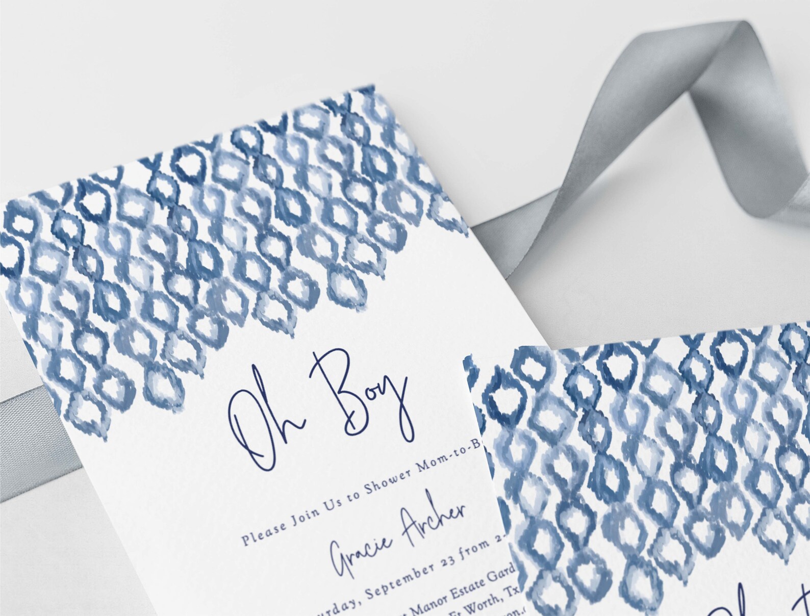 Blue Oh Boy Baby Shower Invitation Watercolor Ikat Modern Boho Etsy