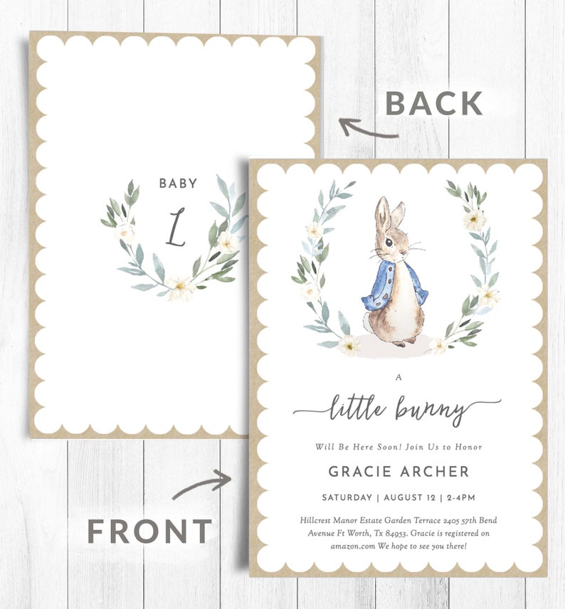 May include: A baby shower invitation with a watercolor illustration of a bunny rabbit wearing a blue jacket. The invitation is for a baby girl named Gracie Archer and includes the date and time of the event, as well as the address and registry information. The text on the invitation reads "A little bunny Will Be Here Soon! Join Us to Honor Gracie Archer Saturday August 12 | 2-4PM Hillcrest Manor Estate Garden Terrace 2405 57th Bend Avenue Ft Worth, Tx 84953. Gracie is registered on amazon.com We hope to see you there!"