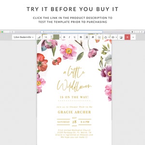 May include: A floral baby shower invitation with a watercolor design featuring pink and purple flowers. The text reads "a little Wildflower is on the way!" and includes the name "Gracie Archer", the date "September 28, 2020", and the time "2-4 PM".
