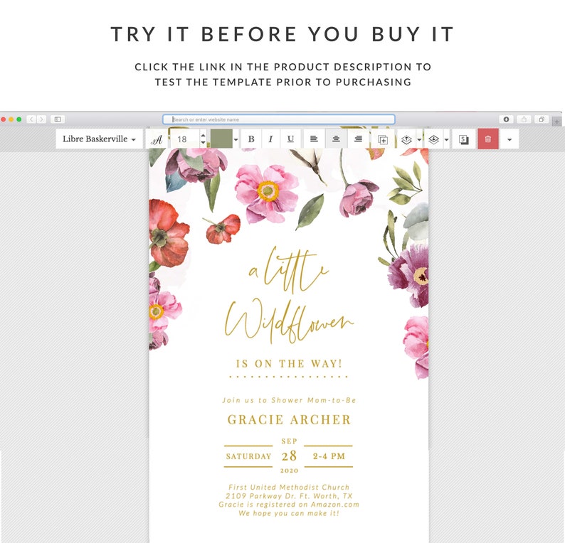 May include: A floral baby shower invitation with a watercolor design featuring pink and purple flowers. The text reads "a little Wildflower is on the way!" and includes the name "Gracie Archer", the date "September 28, 2020", and the time "2-4 PM".