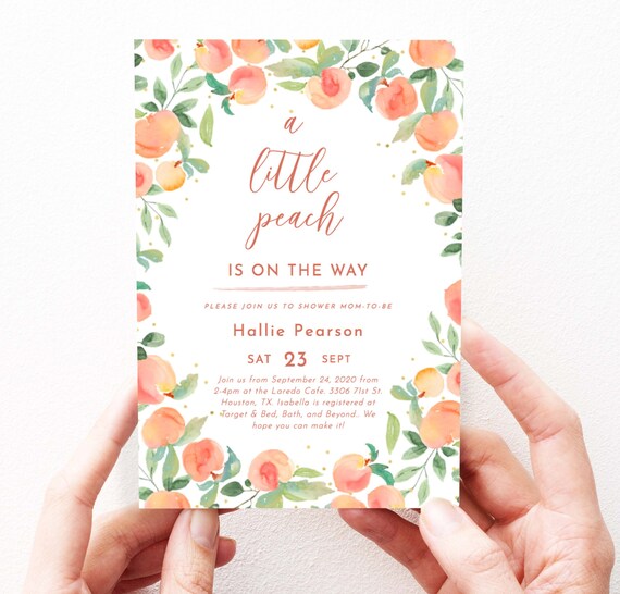 Cutie Peach Baby Shower Invitation For Girl Little Peach Shower Invites Peaches Invitation Editable Templett Instant Download, 60