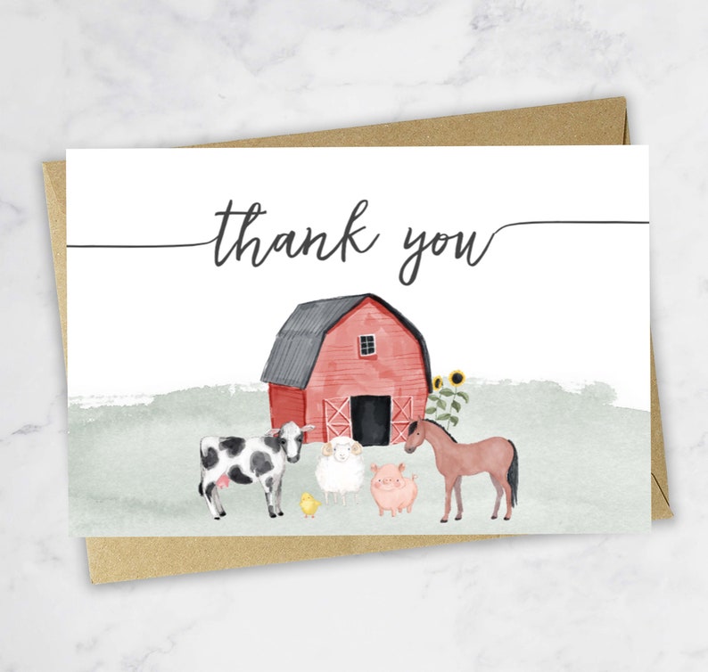 K&ouml;nnte beinhalten: Eine Aquarell-Dankeskarte mit einem roten Scheunen, einer Kuh, einem Schaf, einem Schwein und einem Pferd. Die Karte tr&auml;gt die Worte "Danke" in schwarzer Kursivschrift.