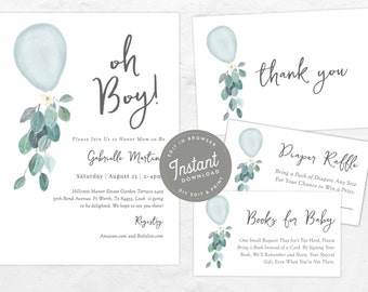 Blue Balloon Baby Shower Invitation Boy Baby Shower Invites with Balloon, Oh Boy Shower Invitation and Books For Baby, 85