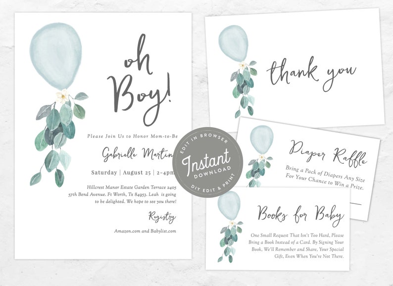 Blue Balloon Baby Shower Invitation Boy Baby Shower Invites with Balloon, Oh Boy Shower Invitation and Books For Baby, 85 