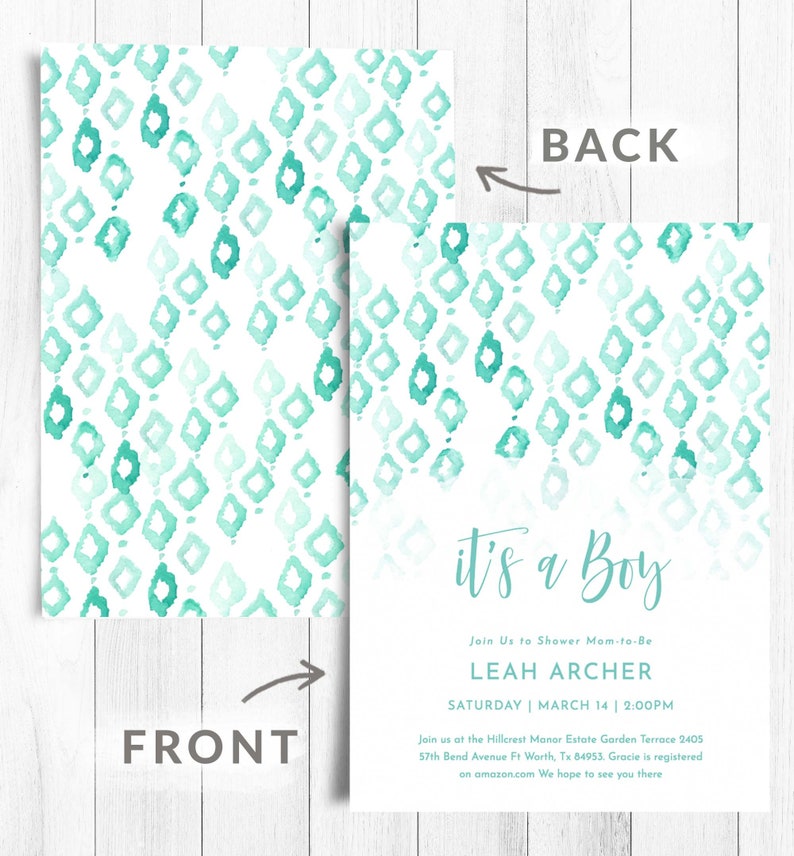 Mint Green Baby Shower Invitation Boy Green Watercolor Baby Etsy