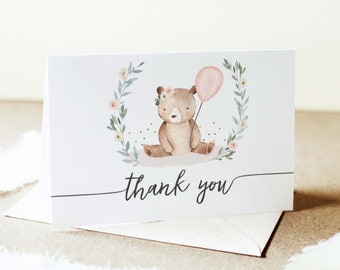 Mädchen Bär Babyparty Dankeskarte druckbare Mädchen Teddybär Danke Sofort Download, Bär Mit Ballon Dankeschön Karte PDF, 144