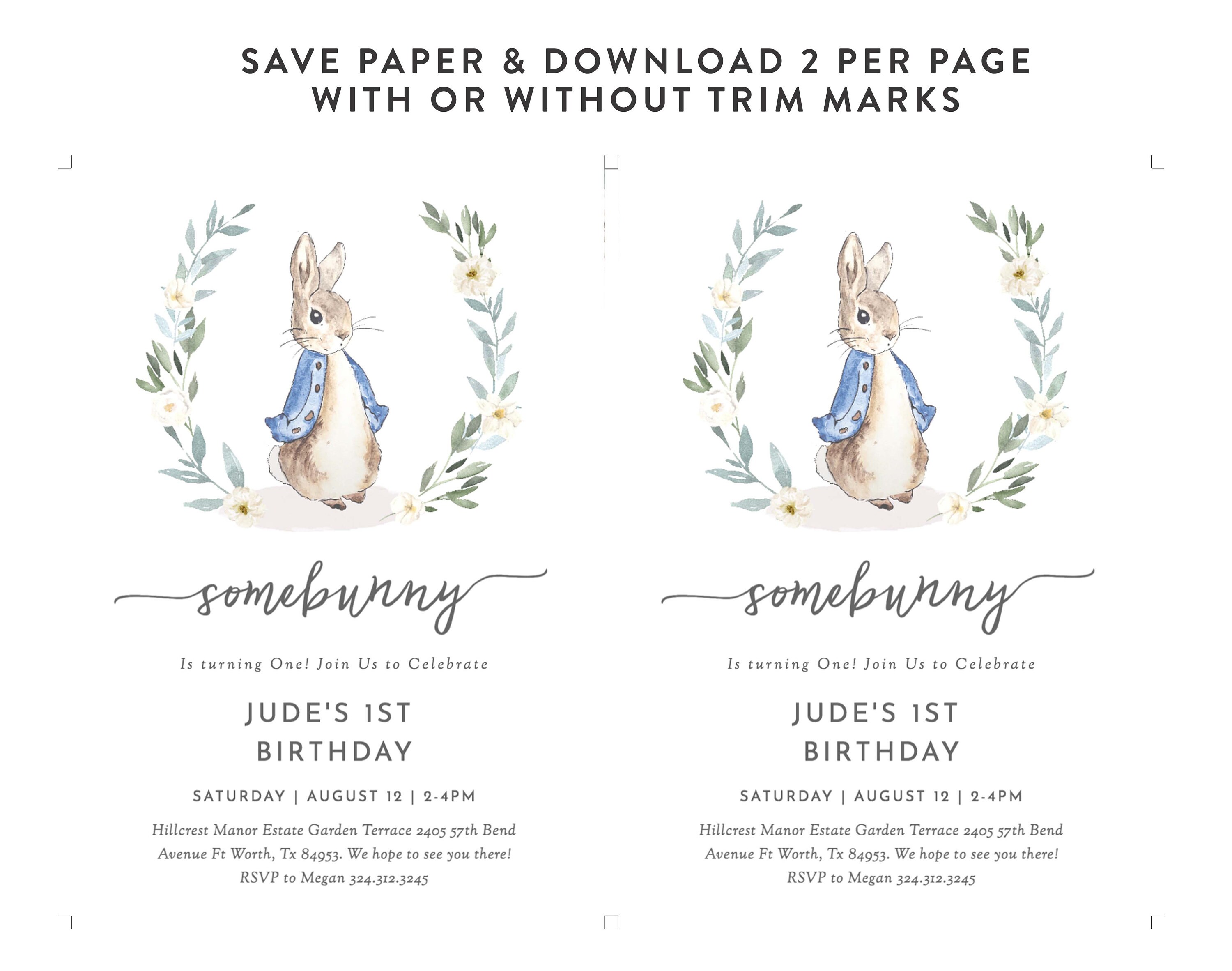 Simon The Rabbit Invitation Rabbit Birthday Invitation Boy Rabbit, Editable Rabbit Invitation Boy ...