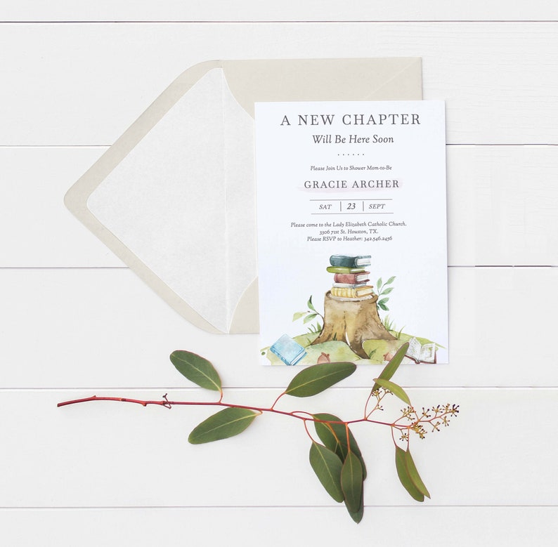 May include: A white invitation card with a watercolor illustration of a tree stump with a stack of books on top. The text on the card reads "A New Chapter Will Be Here Soon" and "Gracie Archer". The date of the event is listed as "Sat 23 Sept".