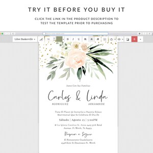 May include: A wedding invitation with a watercolor floral design in shades of green and pink. The invitation features the names Carlos & Linda Rodriguez and Arramibide, the date and time of the wedding, and the location of the ceremony and reception.
