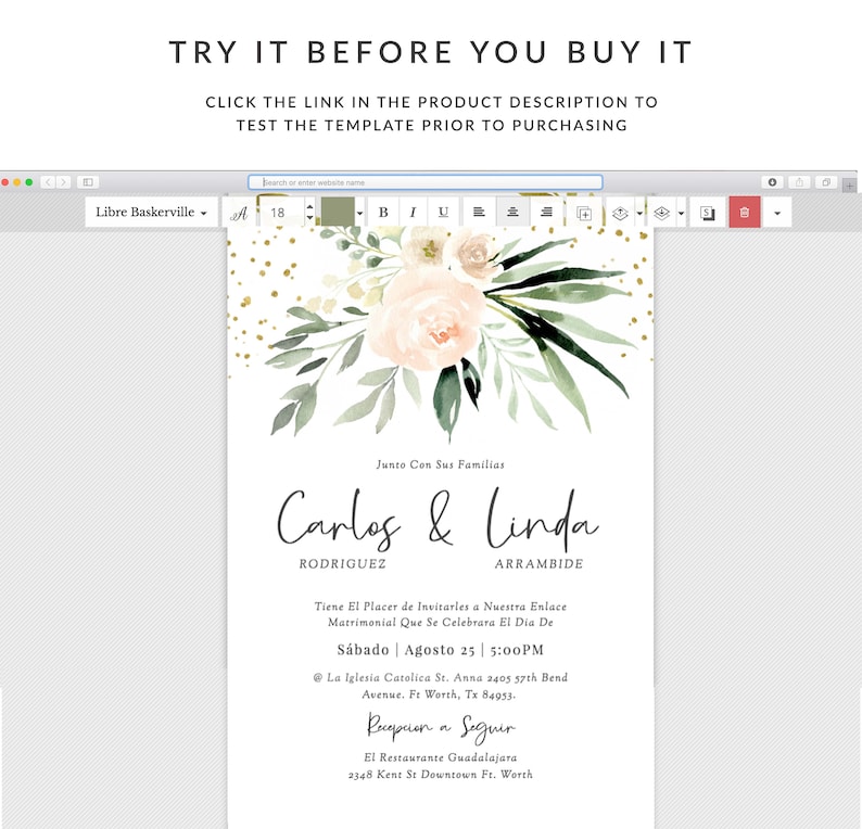 May include: A wedding invitation with a watercolor floral design in shades of green and pink. The invitation features the names Carlos & Linda Rodriguez and Arramibide, the date and time of the wedding, and the location of the ceremony and reception.