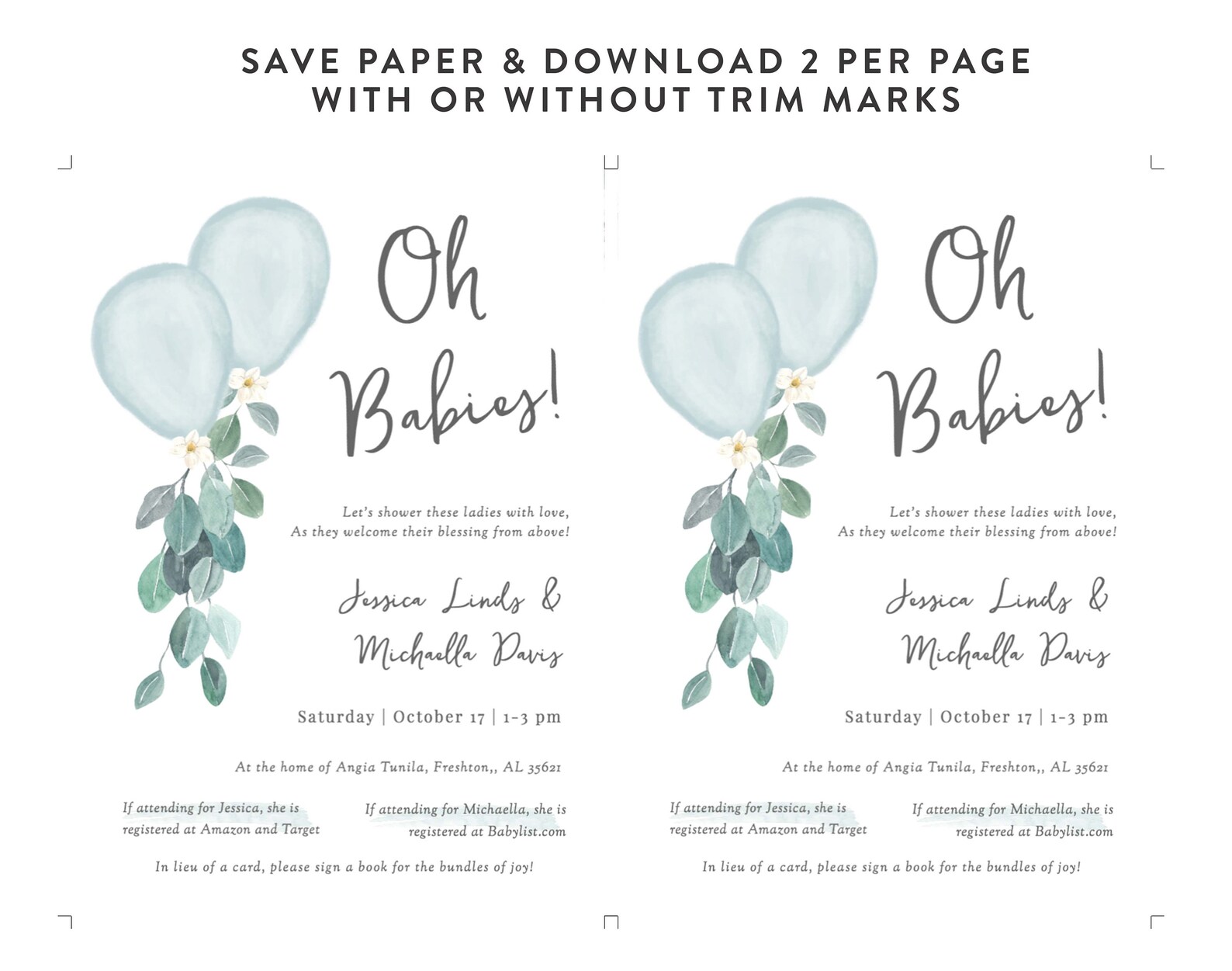 Joint Baby Shower Invitation Template Double Baby Shower Etsy