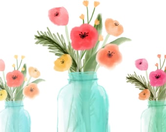 Digitally Painted Mason Jar Clip Art  and Digitally Painted Flower Clip Art