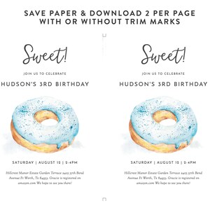 K&ouml;nnte beinhalten: Einladung zu einer Geburtstagsfeier f&uuml;r ein Kind namens Hudson. Die Einladung zeigt einen blauen und wei&szlig;en Donut mit Streuseln und dem Text "Sweet! Feiern Sie mit uns Hudsons 3. Geburtstag. Samstag, 12. August, 14:00-16:00 Uhr. Hillcrest Manor Estate Garden Terrace 2405 37th Bend Avenue Ft Worth, Tx 84953. Gracie ist bei amazon.com registriert. Wir freuen uns, Sie dort zu sehen!"