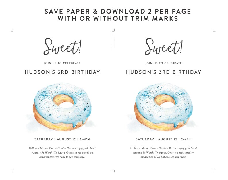K&ouml;nnte beinhalten: Einladung zu einer Geburtstagsfeier f&uuml;r ein Kind namens Hudson. Die Einladung zeigt einen blauen und wei&szlig;en Donut mit Streuseln und dem Text "Sweet! Feiern Sie mit uns Hudsons 3. Geburtstag. Samstag, 12. August, 14:00-16:00 Uhr. Hillcrest Manor Estate Garden Terrace 2405 37th Bend Avenue Ft Worth, Tx 84953. Gracie ist bei amazon.com registriert. Wir freuen uns, Sie dort zu sehen!"