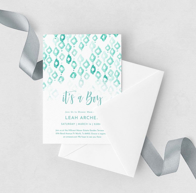 Mint Green Baby Shower Invitation Boy Green Watercolor Baby Etsy