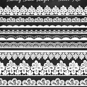 May include: A set of five white lace borders on a black background. The lace borders are different designs and are perfect for adding a touch of elegance to any project.