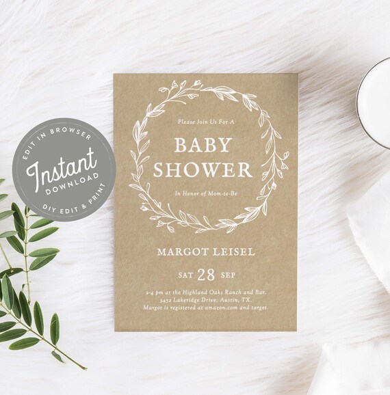 Wreath Baby Shower Invitation Country Baby Shower Invites Coed Simple Invitation Burlap, Editable Template Instant Download, 53