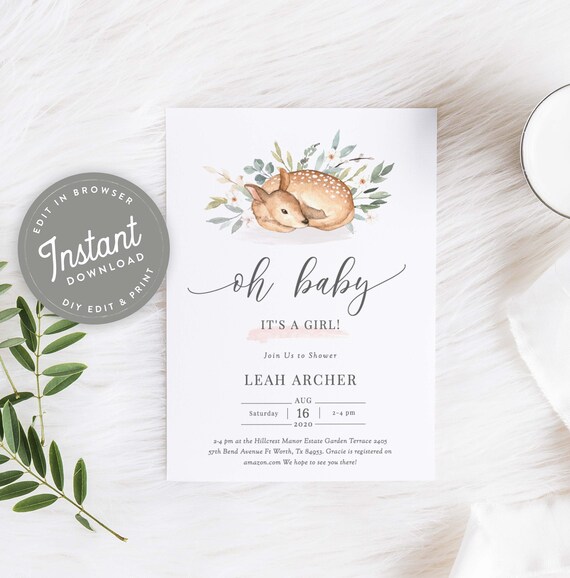Deer Baby Shower Invitation Girl Baby Shower Invites Deer | Etsy