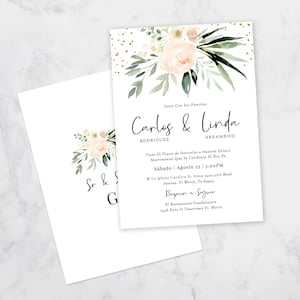 May include: Wedding invitation with a floral design in shades of pink and green. The invitation features the names "Carlos & Linda" with the text "Junto Con Sus Familias" at the top. The invitation includes the date and time of the wedding ceremony and reception.
