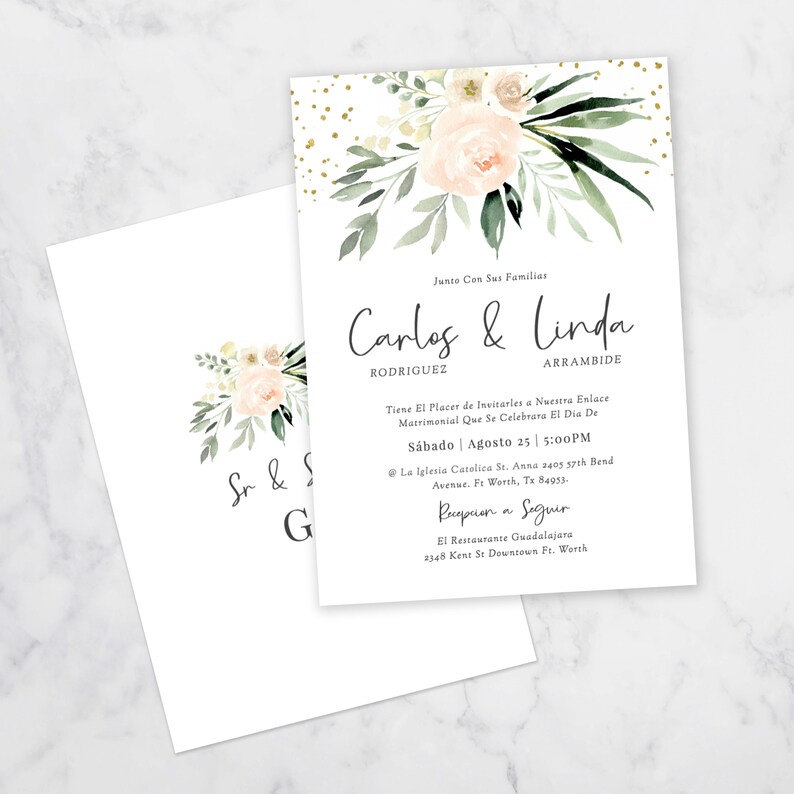 May include: Wedding invitation with a floral design in shades of pink and green. The invitation features the names "Carlos & Linda" with the text "Junto Con Sus Familias" at the top. The invitation includes the date and time of the wedding ceremony and reception.