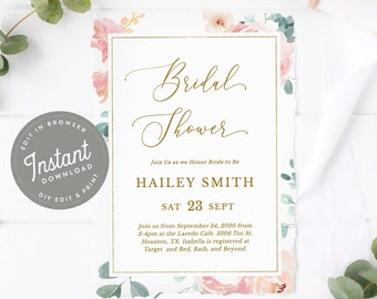 May include: A white bridal shower invitation with a gold border and floral design. The text reads "Bridal Shower" in gold script and "Join Us as we Honor Bride to Be Hailey Smith Sat 23 Sept Join us from September 24, 2020 from 2-4pm at the Laredo Cafe. 3306 71st St. Houston, TX. Isabella is registered at Target and Bed, Bath, and Beyond."