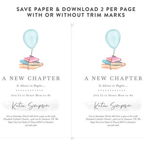 Puede incluir: Una invitaci&oacute;n imprimible para un baby shower con una ilustraci&oacute;n de acuarela de una pila de libros con un globo azul. El texto dice "Un nuevo cap&iacute;tulo est&aacute; a punto de comenzar... &Uacute;nase a nosotros para honrar a la futura mam&aacute; Katie Simpson. &Uacute;nase a nosotros el s&aacute;bado 18 de marzo de 2:00 a 4:00 pm en la Iglesia Cat&oacute;lica Lady Elizabeth... 3306 71st St. Houston, TX. &iexcl;Esperamos que pueda venir! Por favor, confirme su asistencia con Heather: 342.345.2456"