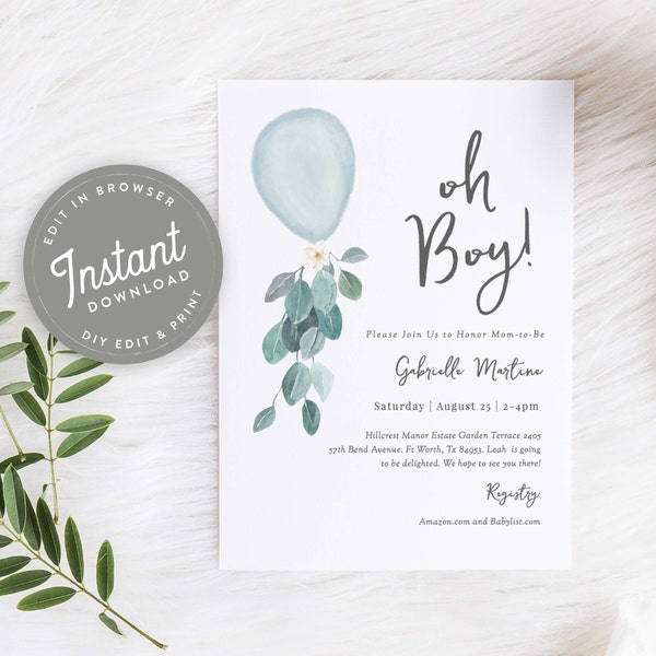 Oh Boy Baby Shower Invitation Template Balloon, Boy Baby Shower Invites Blue Balloon, Printable Invite Editable Invitation,85