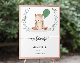 Cute Bear Baby Shower Sign Printable Boy Baby Shower Sign Bear, Green Balloon, Editable Sign Download, 179