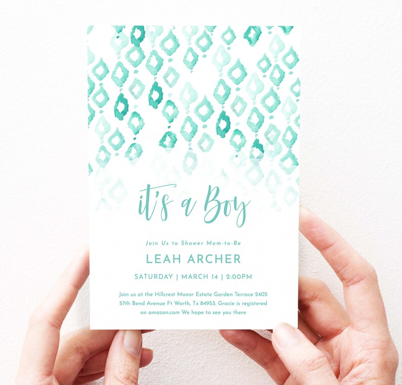 Mint Green Baby Shower Invitation Boy Green Watercolor Baby Etsy