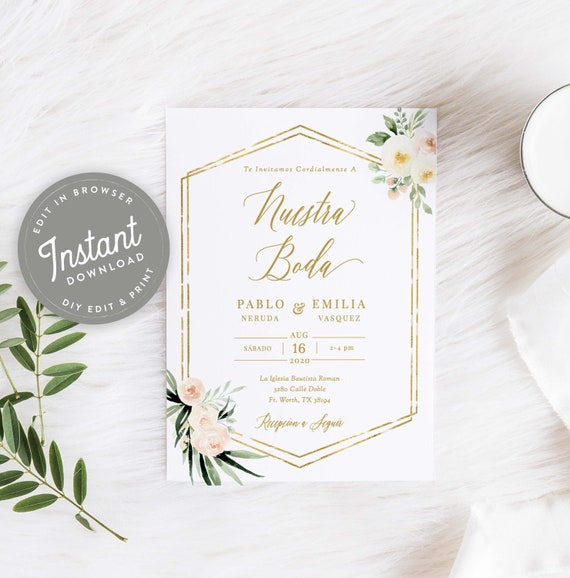 Invitaciones De Boda Digital Con Flores Blancos Nuestra Boda Invitaciones  Para Boda Digital Espanol, Imprimir En Casa, Instant Download 