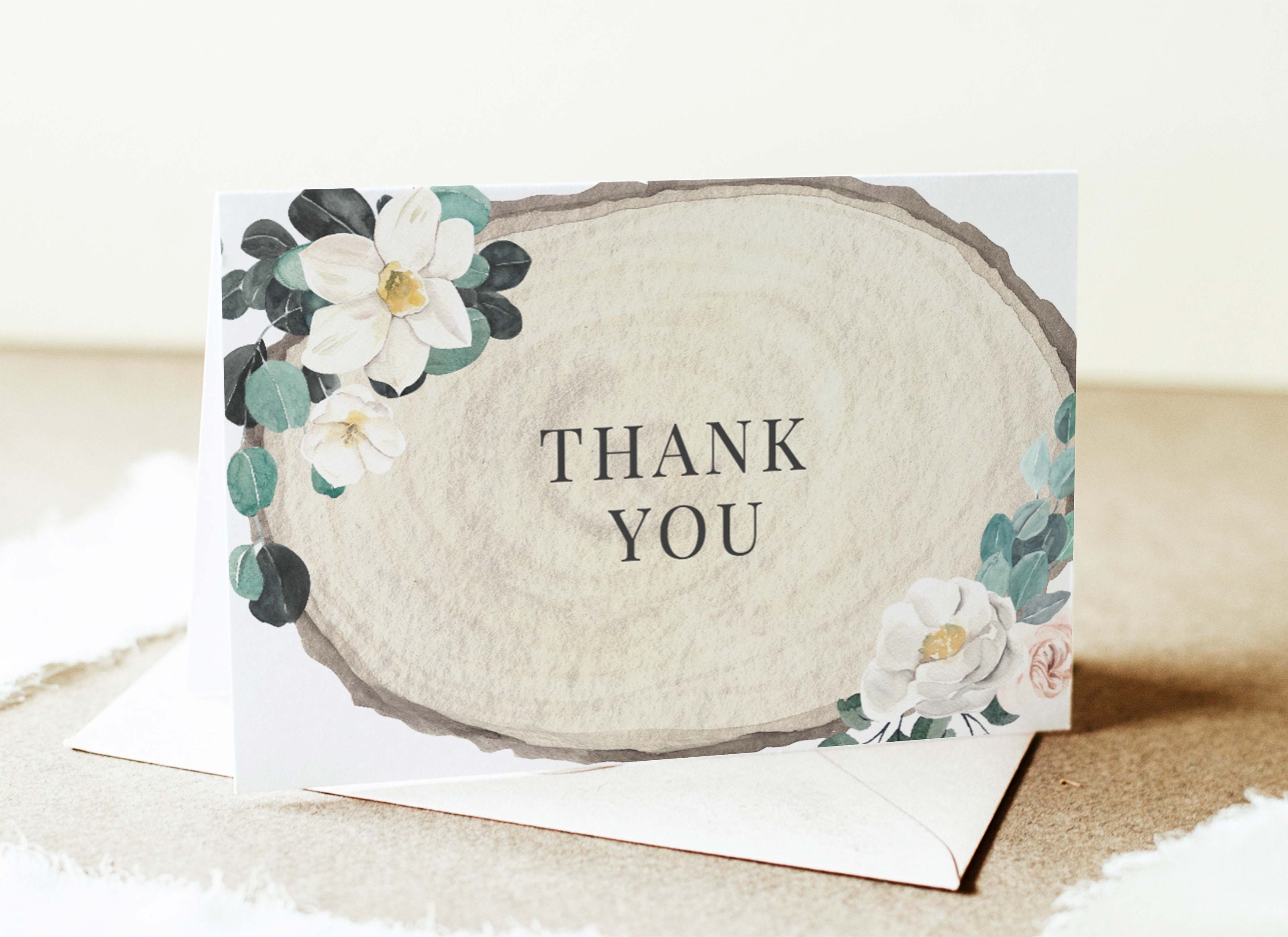 Tarjeta de agradecimiento rústica imprimible rebanada de madera rústica y  nota de agradecimiento floral de magnolia, tarjeta de agradecimiento  doblada, descarga instantánea PDF, 75 - Etsy México, image size:3000x2184