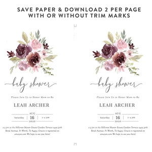 May include: A printable baby shower invitation with a watercolor floral design in shades of pink, burgundy, and green. The invitation features the text "baby shower" and the name "LEAH ARCHER". The date and time of the shower are listed as "Saturday, August 16, 2020, 2-4 pm". The location is listed as "Hillcrest Manor Estate Garden Terrace, 2405 57th Bend Avenue, Ft Worth, Tx 80953". The invitation also includes the text "Gracie is registered on amazon.com. We hope to see you there!"