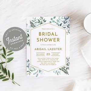Greenery Bridal Shower Invites, Bridal Shower Invitation Greenery, Wedding Shower, Foliage, Printable, Editable, Instant Download, 28