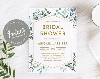 Puede incluir: Una invitación de ducha nupcial blanca con texto dorado y follaje verde acuarela. El texto dice "Por favor, únase a nosotros para una Ducha Nupcial En honor a la futura novia Abigail Lassiter Sábado 23 de agosto Únase a nosotros de 2:00 pm a 4:00 pm en el Laredo Cafe. 3306 71st St. Houston, TX Isabella está registrada en Target y Bed, Bath, and Beyond. ¡Esperamos que pueda venir!"