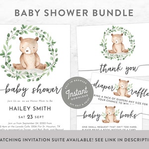 May include: A baby shower invitation suite with a watercolor illustration of a brown bear sitting in a wreath of green leaves. The invitation includes the text "baby shower", "Join Us as we Honor Mom to Be", "HAILEY SMITH", "SAT 23 SEPT", and "Join us from September 24, 2020 from 2-4pm at the Laredo Cafe. 3306 71st St. Houston, TX Isabella is registered at Target and Bed Bath and Beyond". The suite also includes a thank you card, a diaper raffle card, and a baby books card.