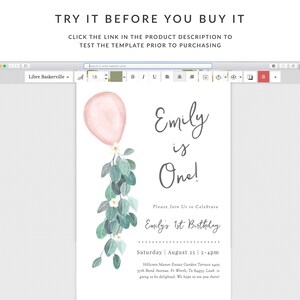 May include: A pink and green watercolor illustration of a balloon with a leafy garland. The text "Emily is One!" is written in black. The text "Please Join Us to Celebrate Emily's 1st Birthday" is written in black. The text "Saturday August 25 2-4pm Hillcrest Manor Estate Garden Terrace 2405 57th Bend Avenue. Ft Worth, Tx 84953. Leah is going to be delighted. We hope to see you there!" is written in black.