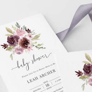 May include: A baby shower invitation with a watercolor floral design in shades of pink and burgundy. The invitation reads "baby shower" and includes the text "Please Join Us to Honor Mom-to-Be Leah Archer" and the date "Saturday, August 16, 2020" and the time "2-4 pm".