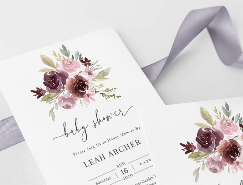 May include: A baby shower invitation with a watercolor floral design in shades of pink and burgundy. The invitation reads "baby shower" and includes the text "Please Join Us to Honor Mom-to-Be Leah Archer" and the date "Saturday, August 16, 2020" and the time "2-4 pm".