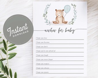Bear Baby Shower Games Wishes for Baby Printable Baby Wishes Boy Shower Printable Game PDF, Instant Download, Bear Shower Game, 73