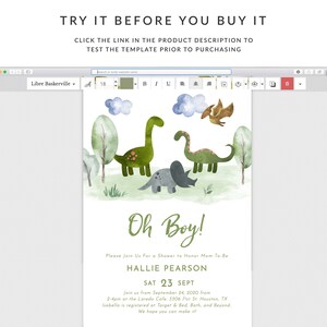 K&ouml;nnte beinhalten: Eine Babyparty-Einladung mit einer Aquarell-Illustration von Dinosauriern und Wolken. Der Text lautet "Oh Boy!" und enth&auml;lt den Namen "Hallie Pearson" und das Datum "Sat 23 Sept".