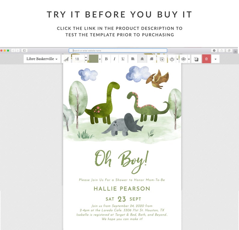 K&ouml;nnte beinhalten: Eine Babyparty-Einladung mit einer Aquarell-Illustration von Dinosauriern und Wolken. Der Text lautet "Oh Boy!" und enth&auml;lt den Namen "Hallie Pearson" und das Datum "Sat 23 Sept".
