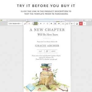 May include: A white printable baby shower invitation with a watercolor illustration of a tree stump with stacked books. The text reads "A New Chapter Will Be Here Soon" and includes the name "Gracie Archer" and the date "Sat 23 Sept".