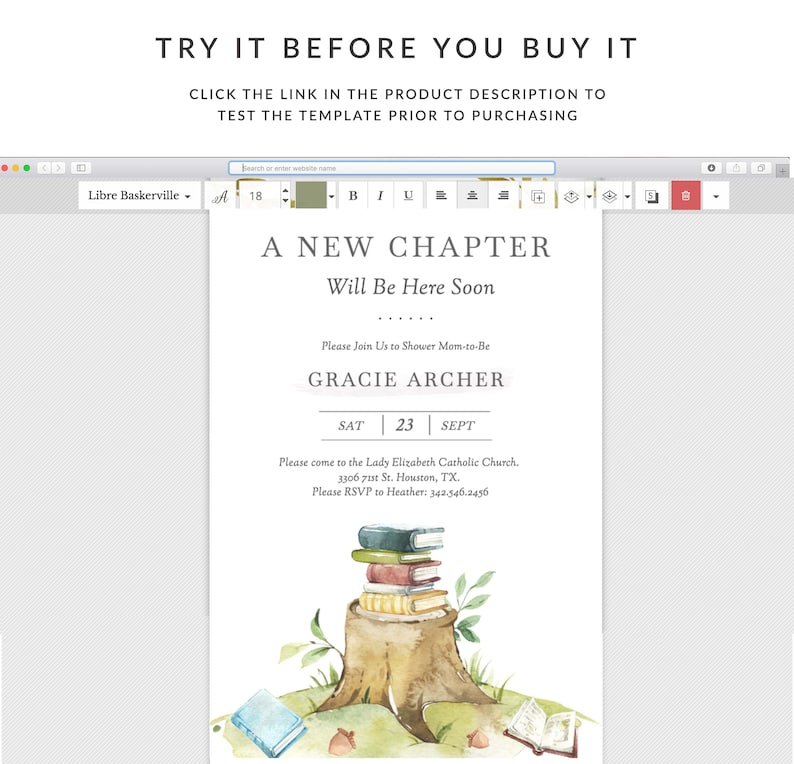 May include: A white printable baby shower invitation with a watercolor illustration of a tree stump with stacked books. The text reads "A New Chapter Will Be Here Soon" and includes the name "Gracie Archer" and the date "Sat 23 Sept".