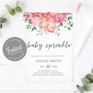Peony Baby Sprinkle Invitation, Floral Baby Sprinkle Invite Girl, Floral Baby Sprinkle, Editable Template, Instant Download, Printable, 32
