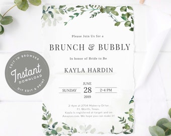Brunch and Bubbly Bridal Shower Invitation, Brunch Bridal Shower Invite, Wedding Shower Brunch Invite, Greenery, Instant Download, Greens