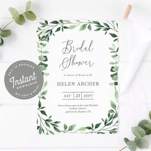 Bridal Shower Invitation Greenery, Bridal Shower Invite, Greenery Invitation Template, Printable, Instant Download Template, Greens