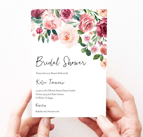 Bridal Shower Invitation Burgundy Floral Bridal Shower Invite Download, Editable Template Maroon Blush Floral Instant Download, 99
